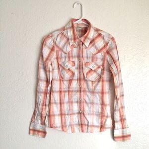 True Religion Orange Plaid Button Down Shirt